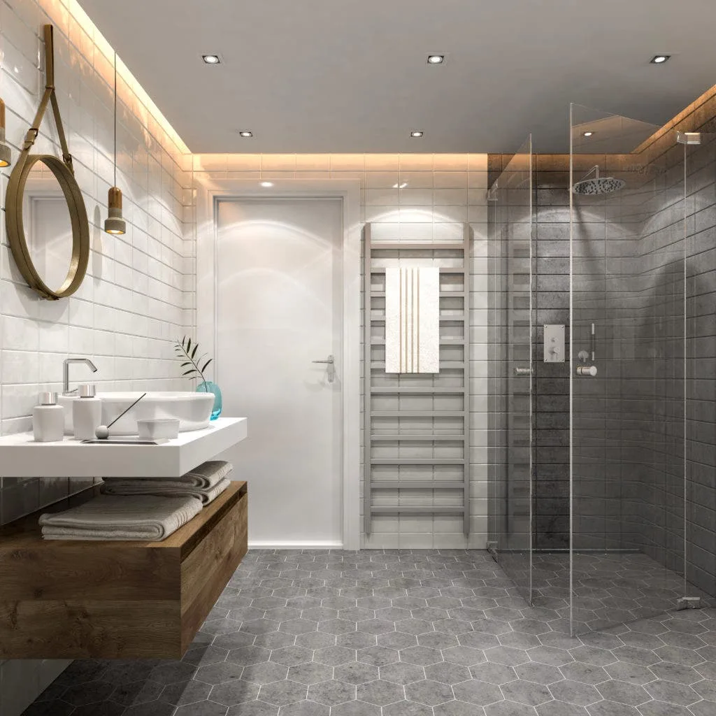 Modern bathroom with hexagon tile flooring