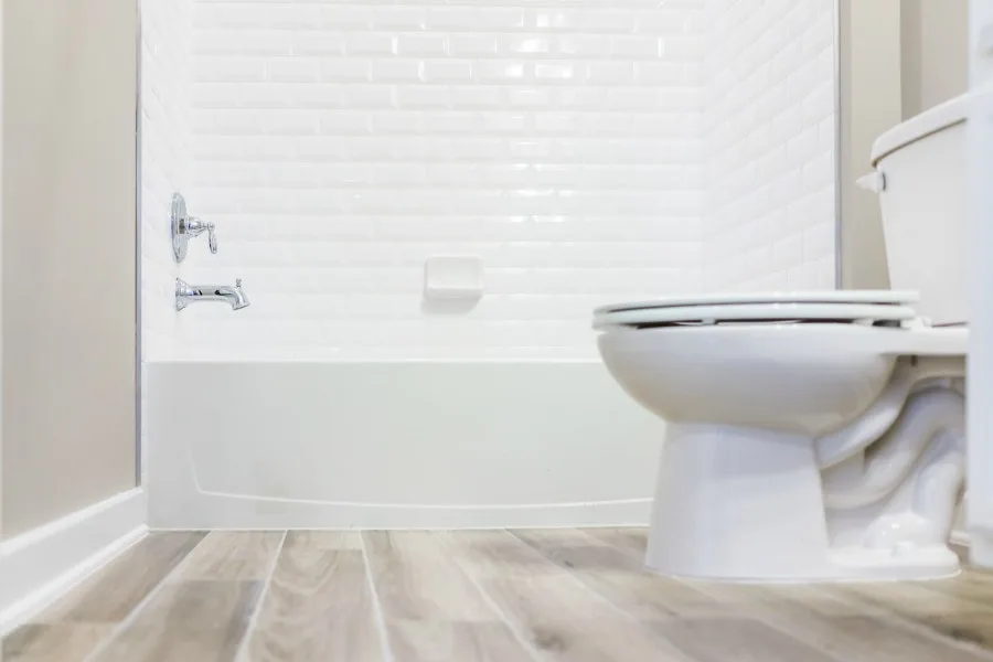 Bathroom with wood-look plank floors