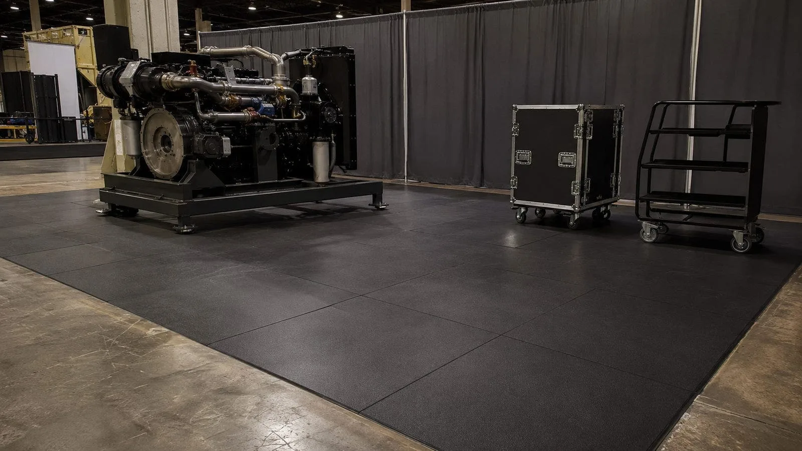 Equipment demonstration booth with black interlocking rubber floor tiles, machine on a stand and rolling road cases