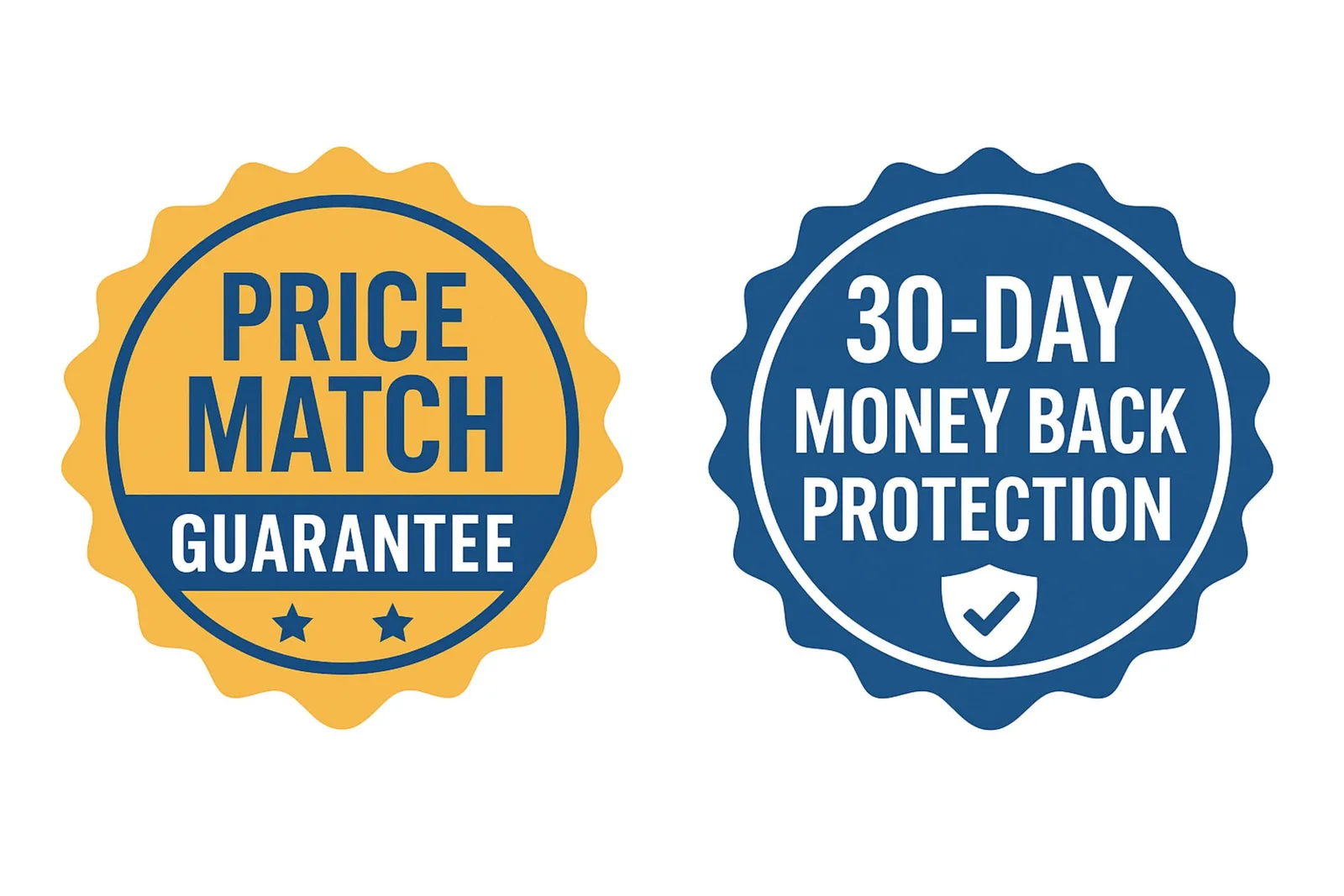 Price match and money back guarantee badges Two assurance badges: one yellow and blue badge stating Price Match Guarantee, and one blue and white badge stating 30-Day Money Back Protection.