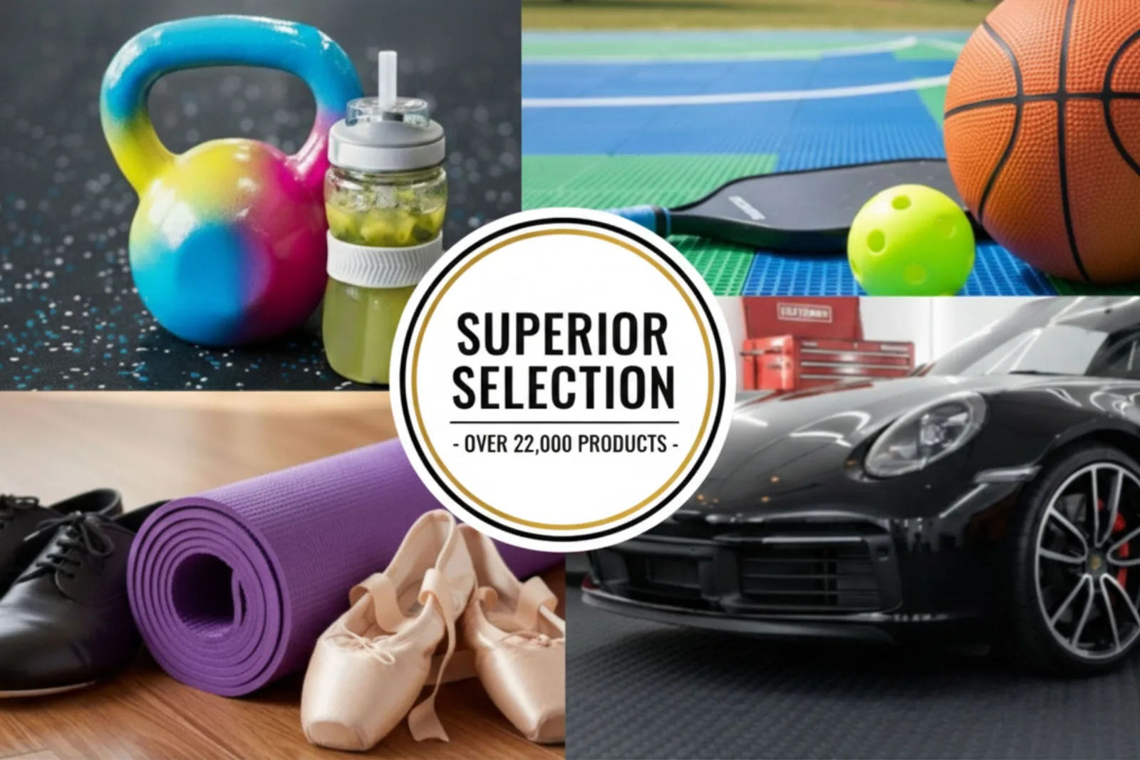 Superior Selection of flooring products collage Collage image showcasing various flooring uses including gym equipment, court tiles for sports, dance shoes, and a luxury car in a garage. The center badge reads Superior Selection - Over 22,000 Products.