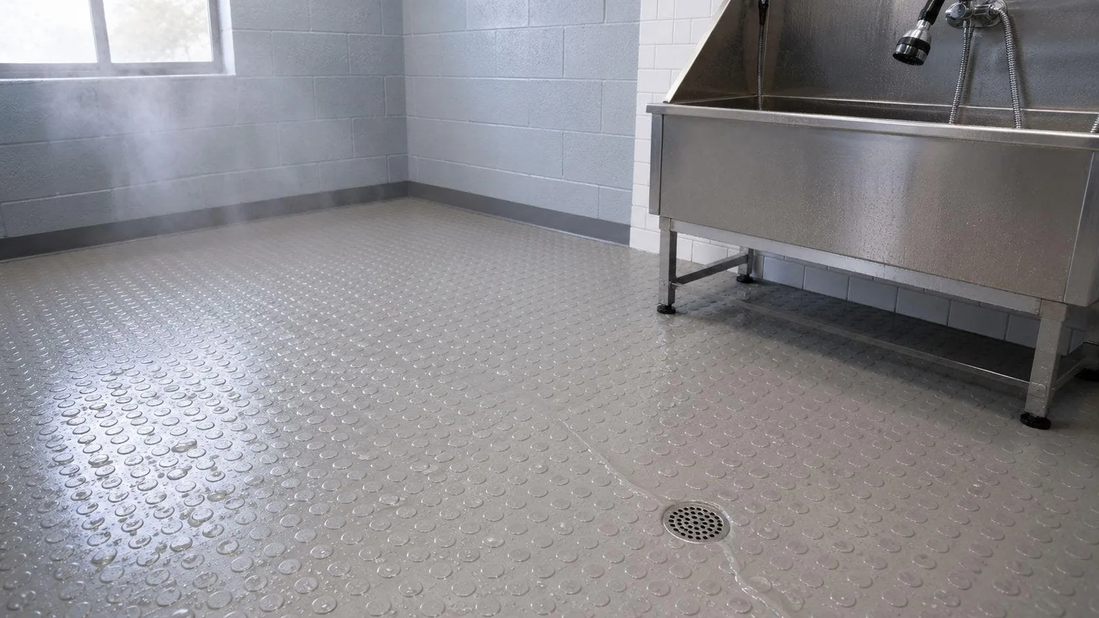 Coin-pattern solid vinyl roll flooring in a grooming and bath station, wet from a wash, with a raised tub and hose in the background.