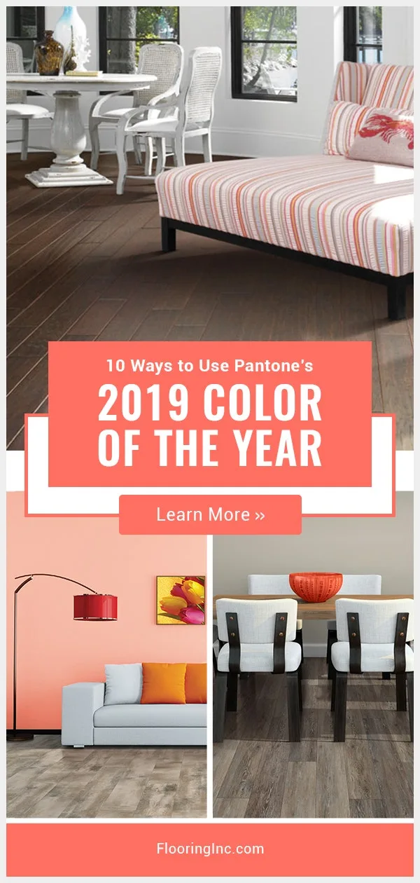 10 Ways to Use Pantone's 2019 Color of the Year: coral furniture and walls with wood-look floors