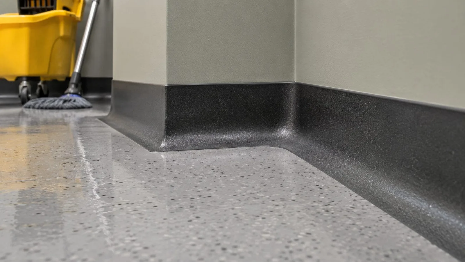 Coved rubber wall base installed at the floor-to-wall junction in a veterinary treatment room, closing the corner so mop water cannot collect.