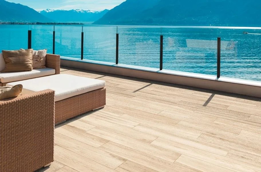wood-look tile in an outdoor porch setting