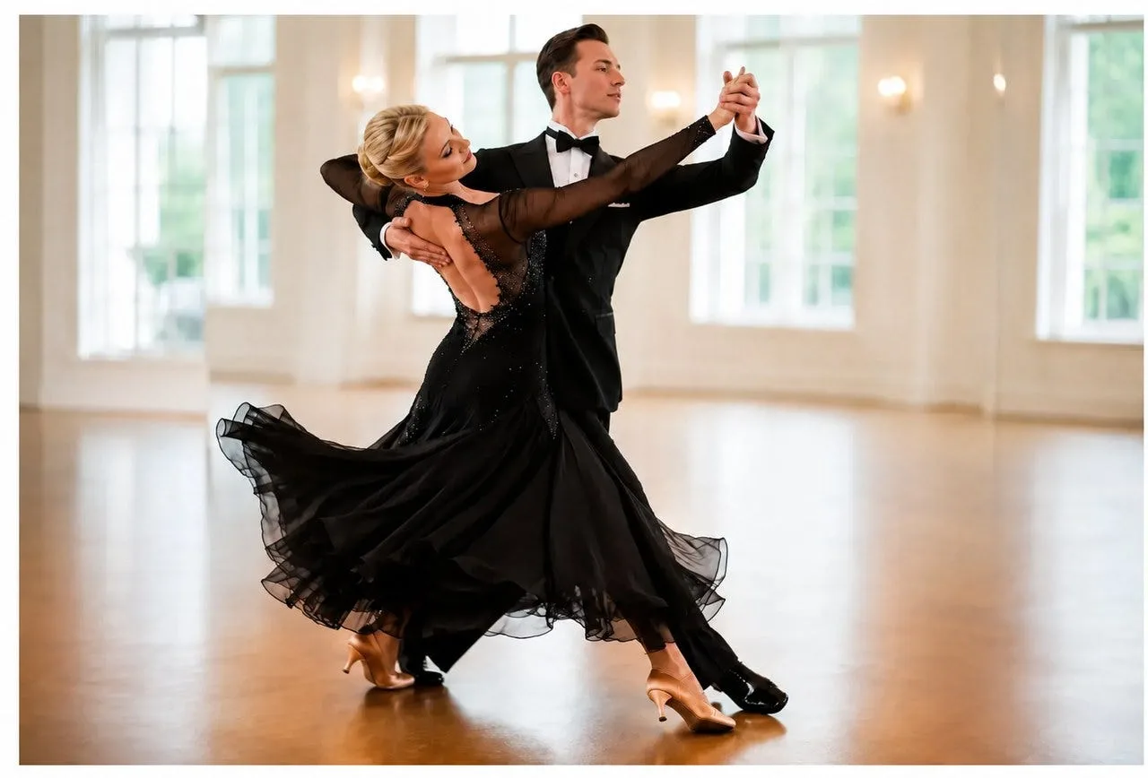 Ballroom dance couple mid-step on a warm wood-look marley dance floor