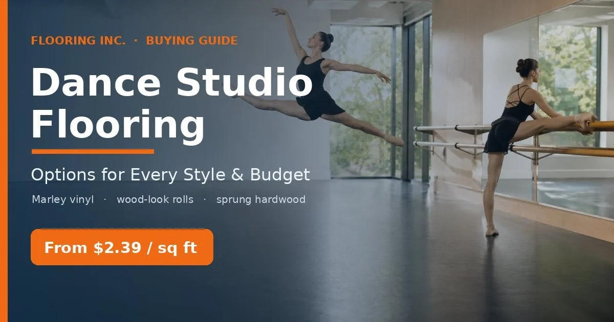 Dancers leaping and stretching in a bright studio on a seamless marley floor — dance studio flooring guide.