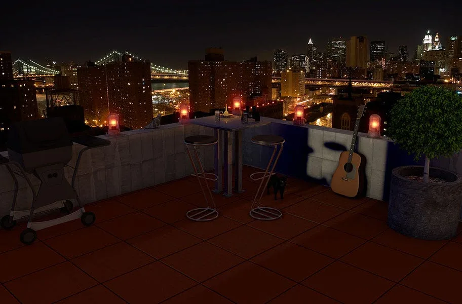 Rooftop patio at night on red deck top roof tiles with a city skyline