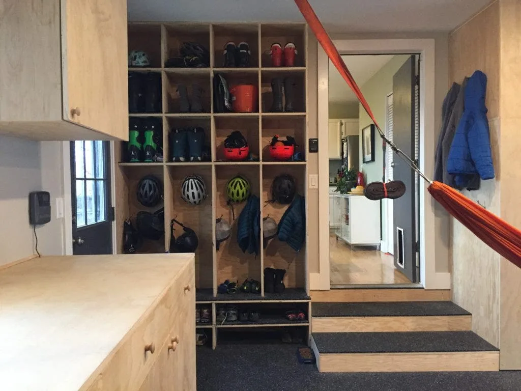 garage with storage cubbies