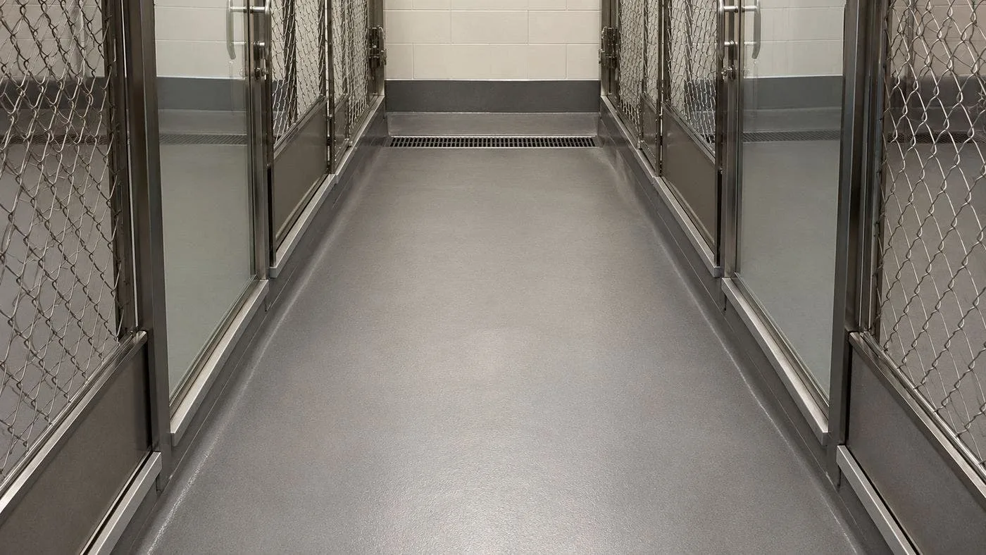Dog kennel flooring in a commercial run aisle: a sealed, non-porous floor sloping to a stainless trench drain, flanked by stainless steel and chain-link kennel enclosures.