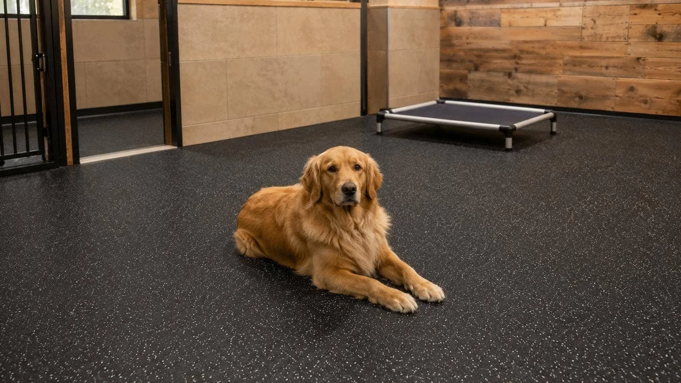 Golden retriever resting on speckled recycled rubber roll flooring in a kennel rest area, with a raised cot bed in the background.