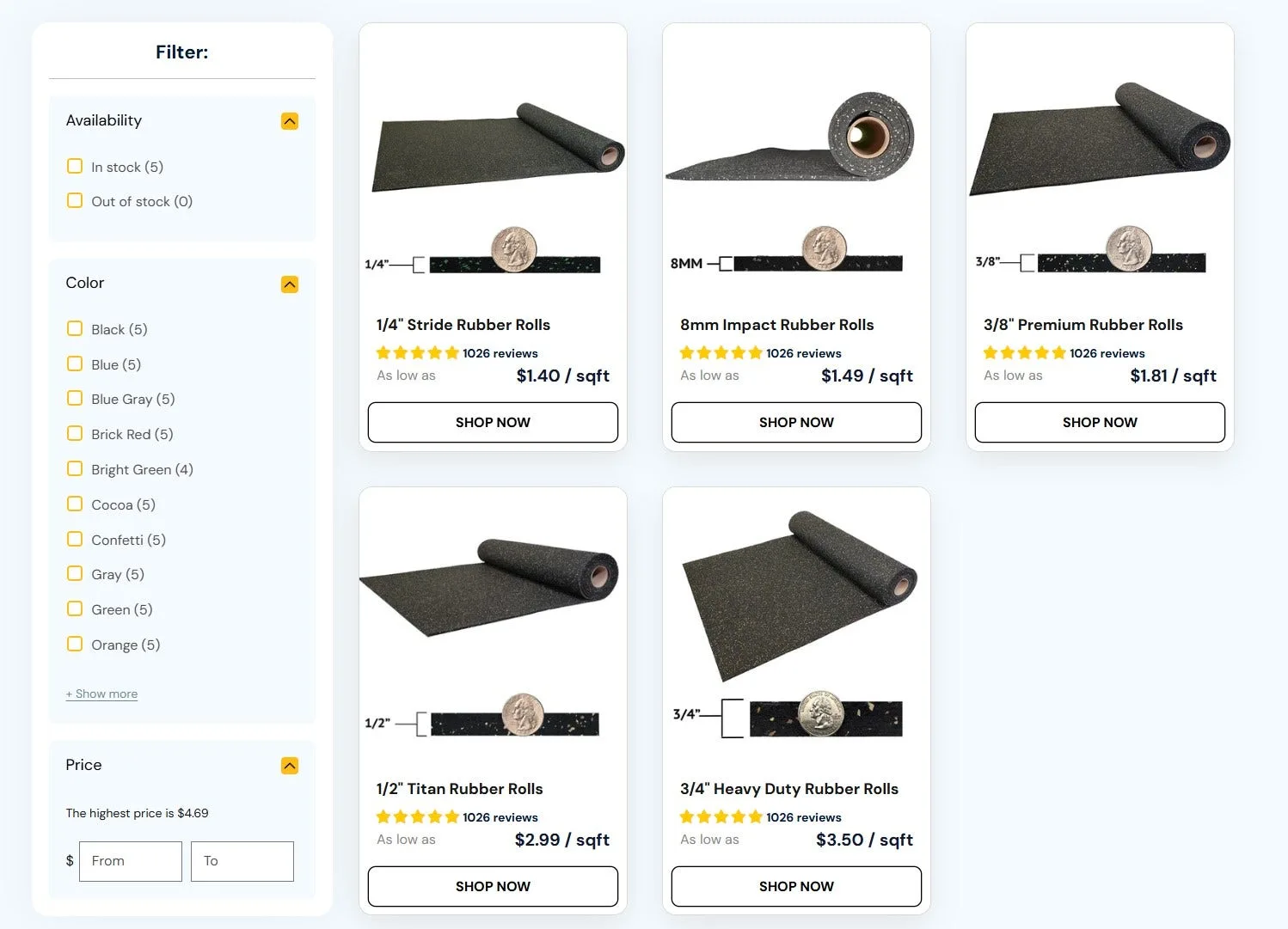 This is an image of the rubber rolls list page on elite floor supplys website showing how ever product has the same review count.
