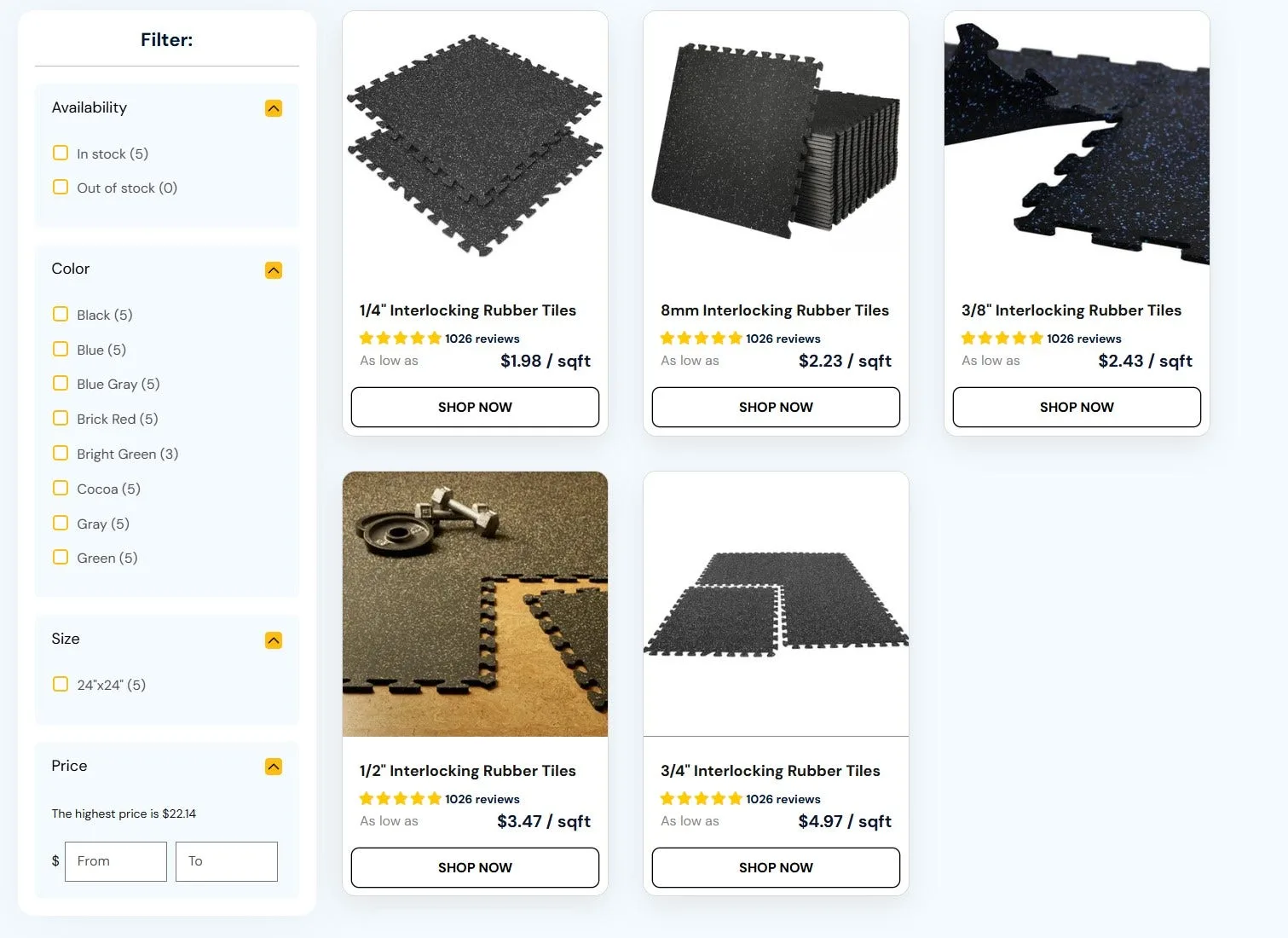 This is an image of the rubber tiles list page on elite floor supplys website showing how ever product has the same review count.