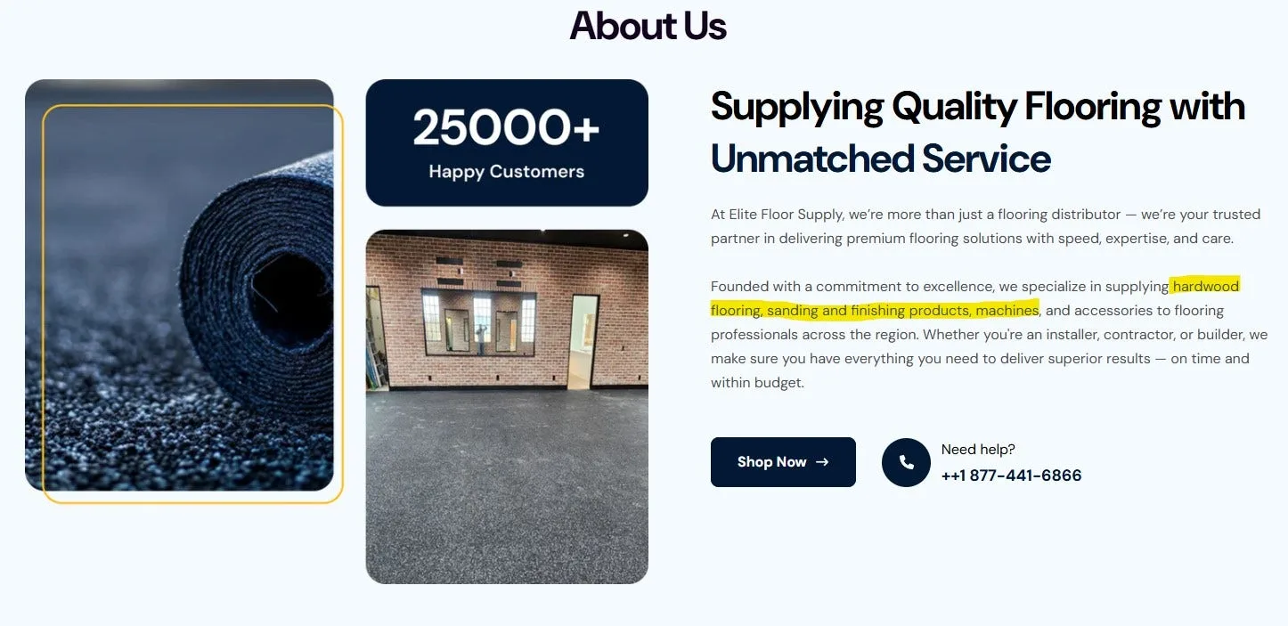 This is an image of the elite floor supply about us page to show their false claims about dealing with hardwood flooring
