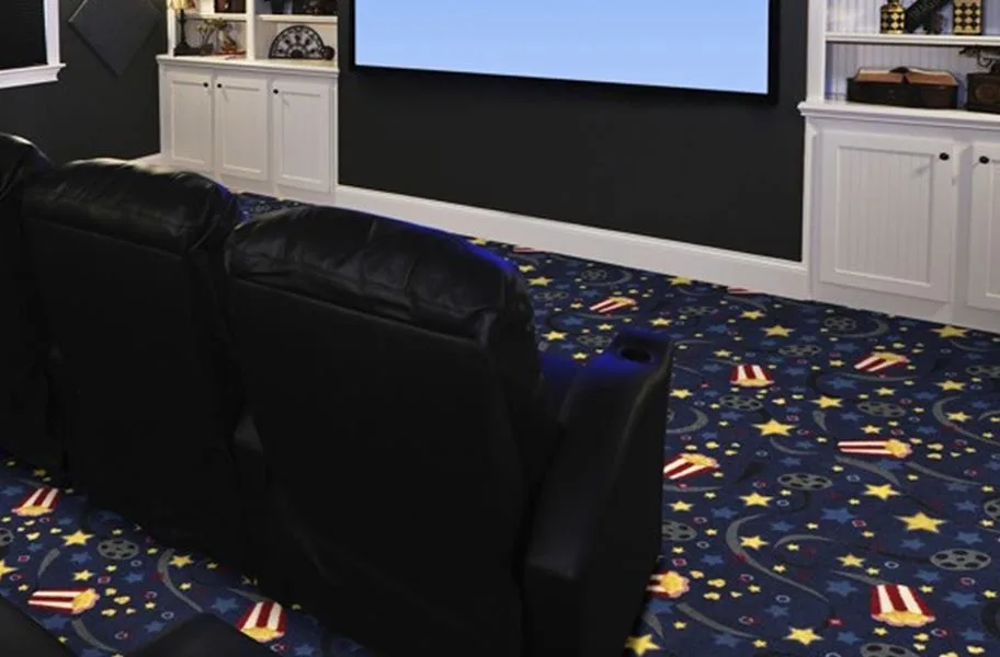 Home Theater Carpet Guide: cinema themed carpet in an entertainment room