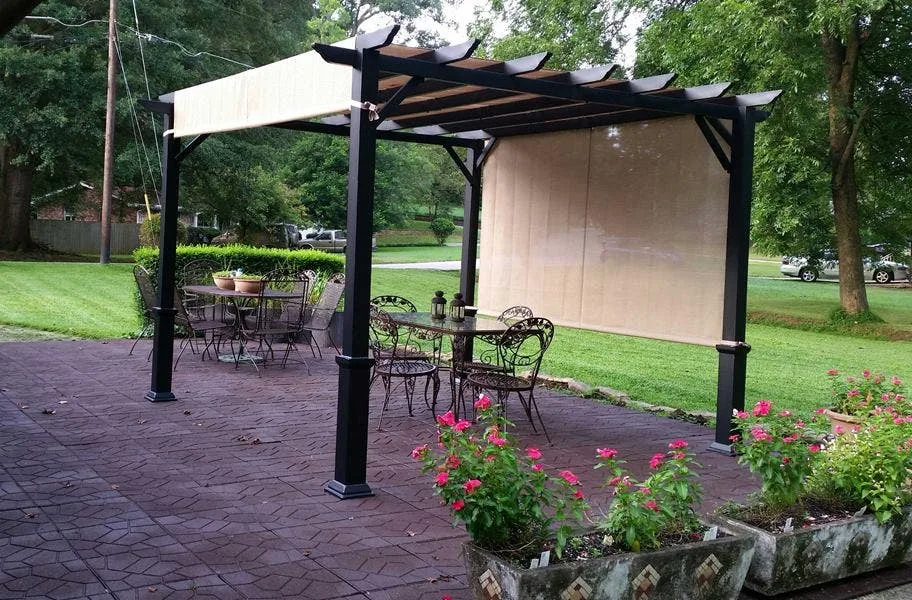 Pergola and patio dining set on brown flagstone rubber pavers