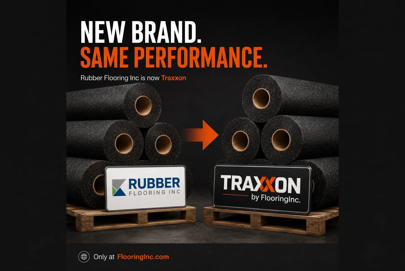 This image shows two pallets full of rolled rubber flooring with signs on them for RubberFlooringInc and Traxxon demonstrating the rubber flooring brand is changing to Traxxon