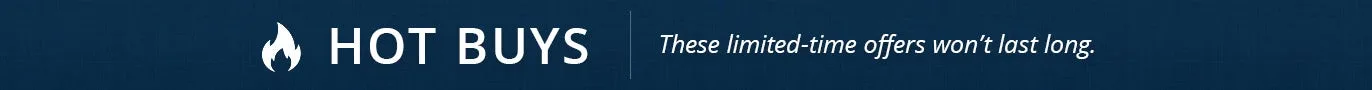 A promotional banner for limited-time offers, featuring the text "HOT BUYS" in large white letters next to a white flame icon, followed by the phrase "These limited-time offers won't last long."