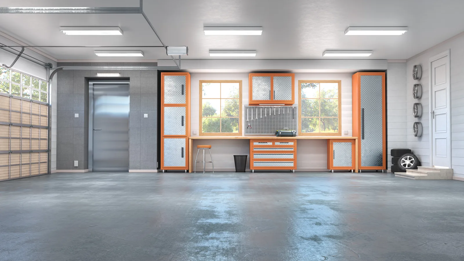 bright overhead lights illuminate garage space