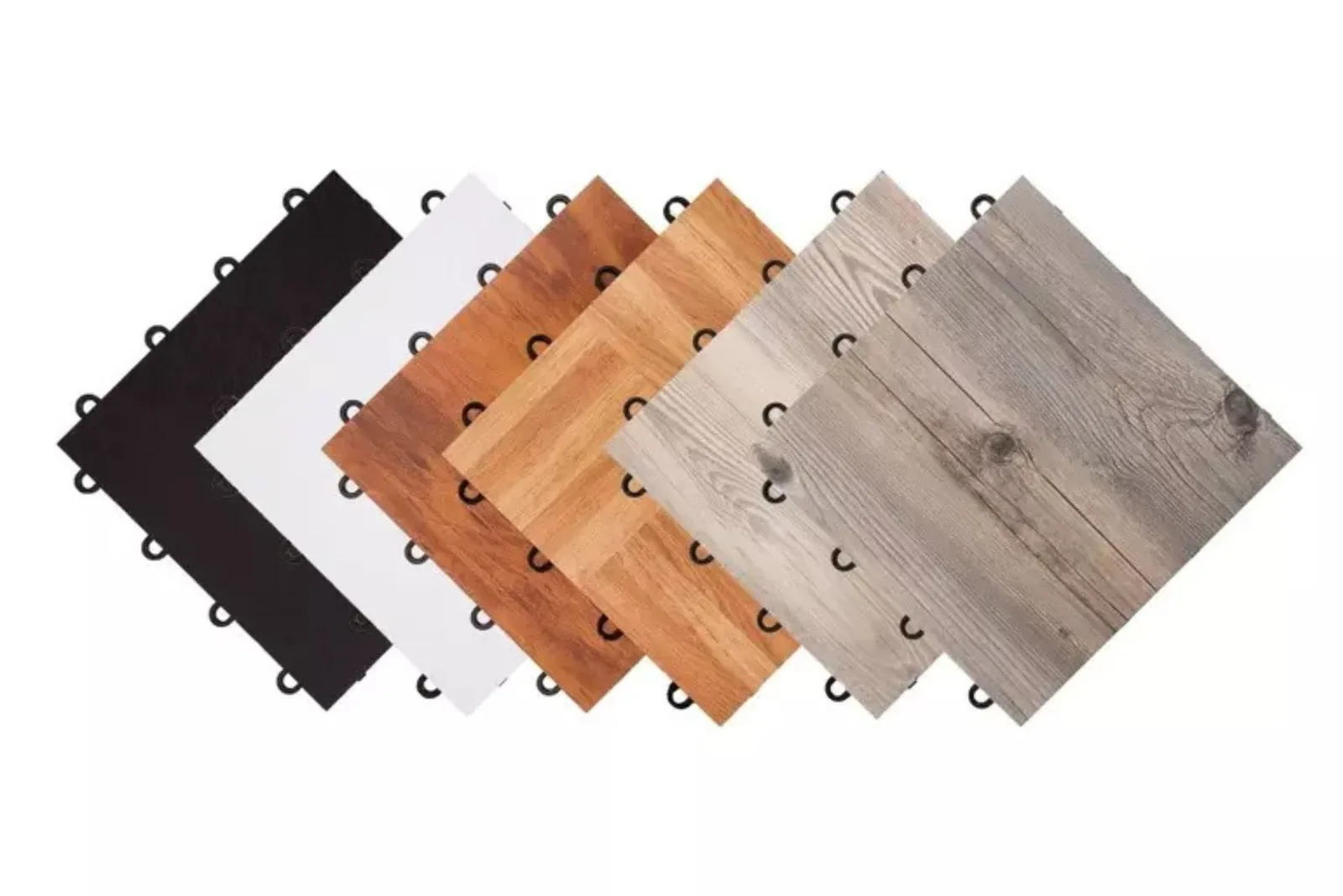 Durable interlocking dance floor tiles Fan of durable interlocking dance floor tiles in various colors and finishes including black, white, wood-look, and gray wood-look.