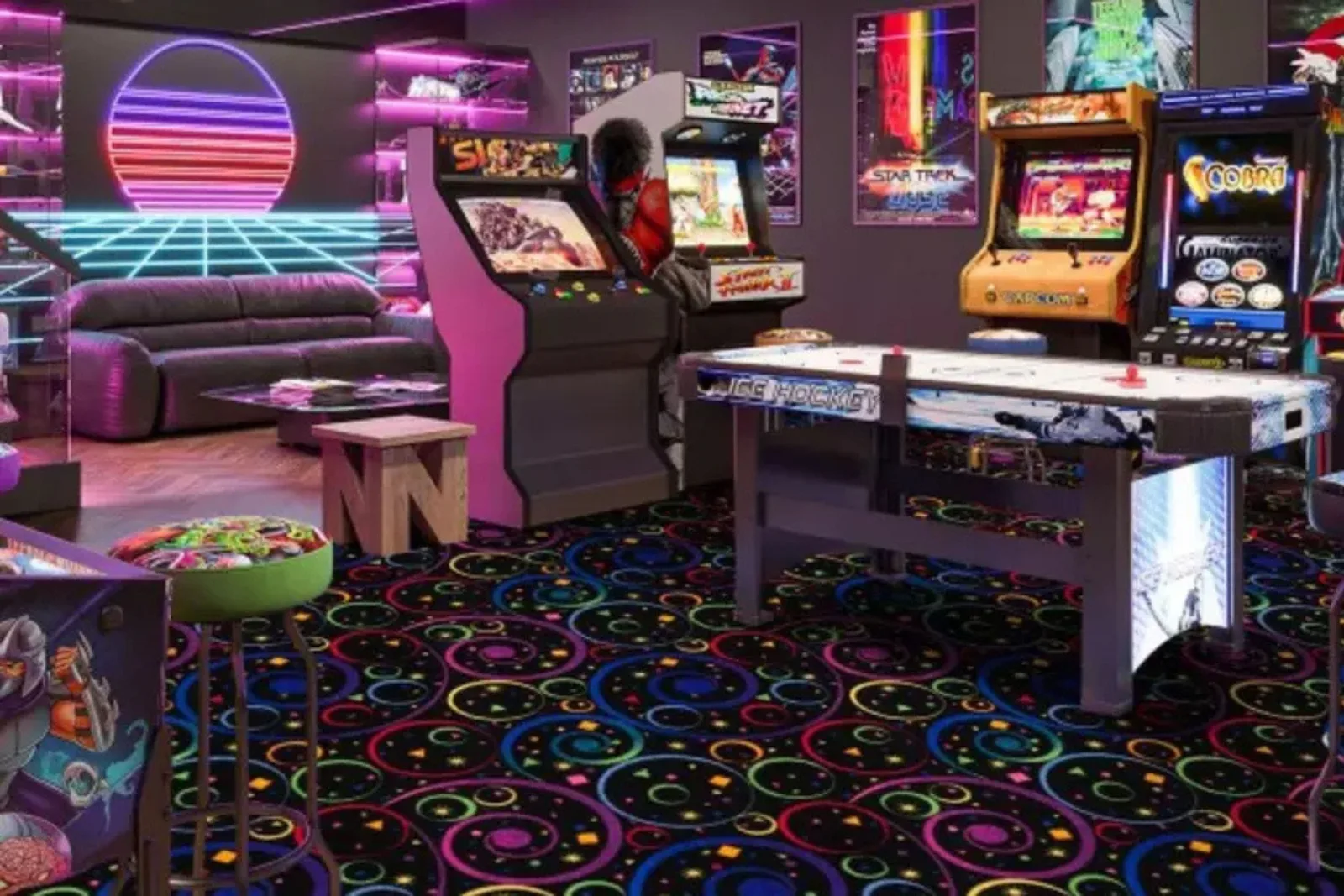 Neon-pattern commercial carpet in an arcade game room