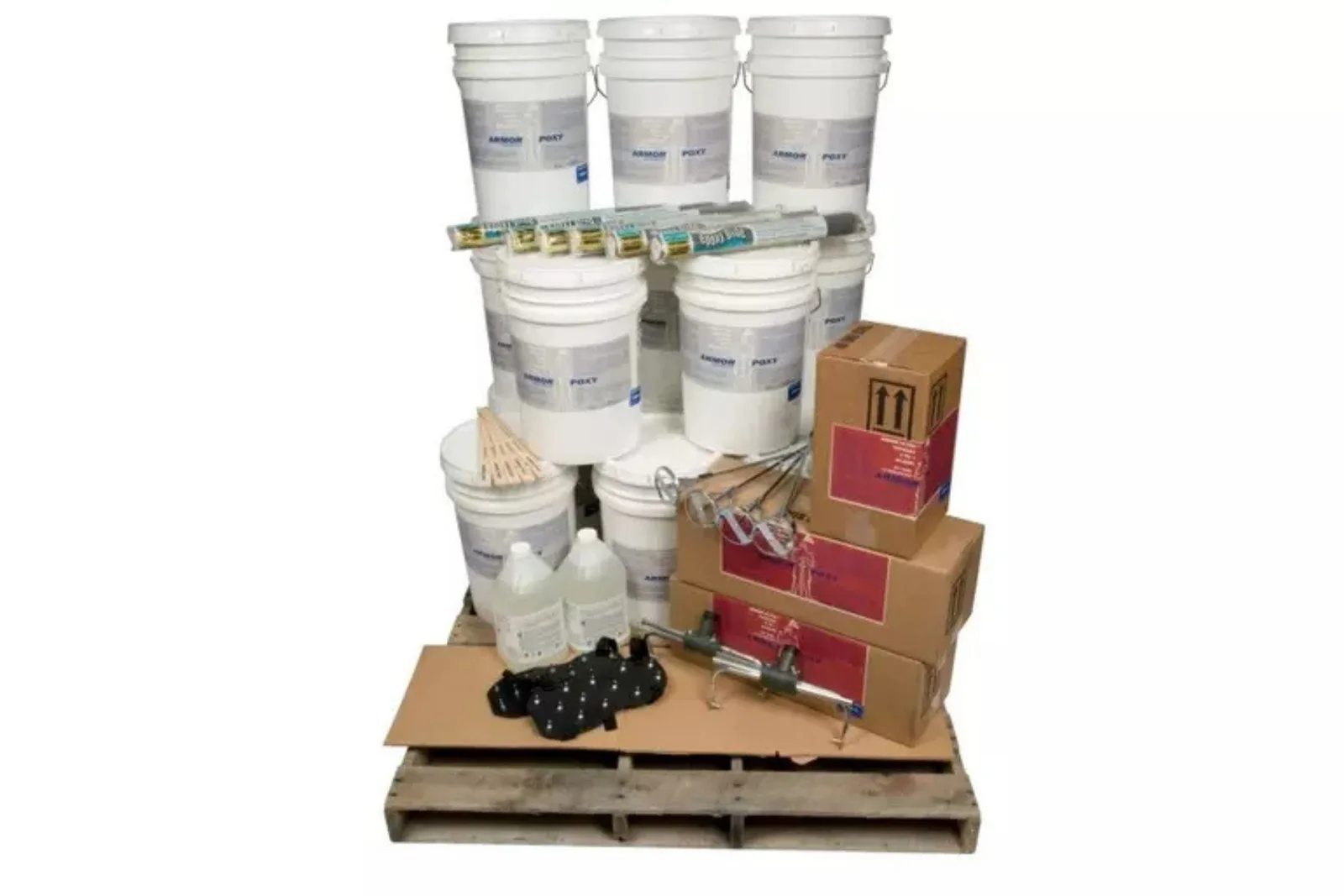 Epoxy garage floor coating kit with buckets, rollers and boxes on a pallet