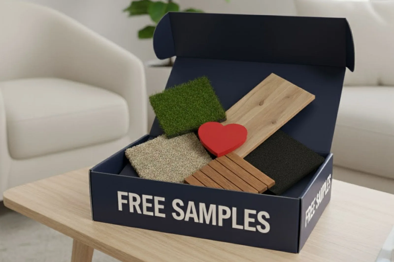 Open FlooringInc free samples box with turf, carpet, wood plank and rubber swatches