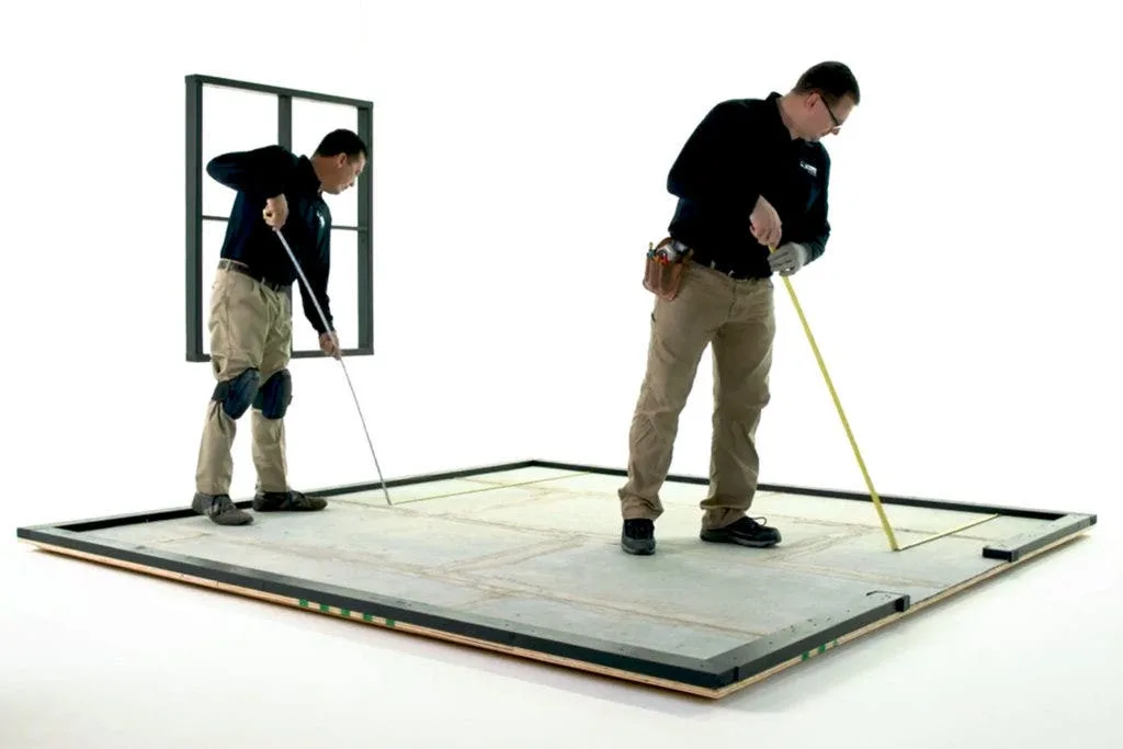 Installation professionals measuring a room for tile
