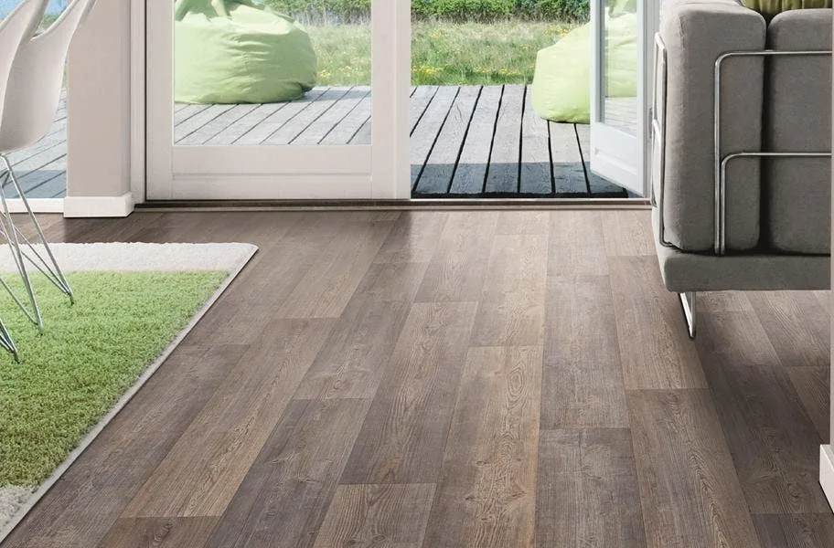 Wood-look vinyl sheet flooring in living area