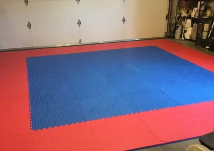 Thick interlocking foam mats for martial arts and exercise, creating a red and blue training area that provides a shock-absorbent and cushioned surface in a garage gym.