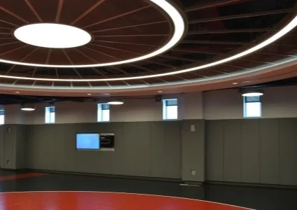 Gray foam safety wall pads in a modern gymnasium, providing a cushioned barrier to protect athletes and students during training.