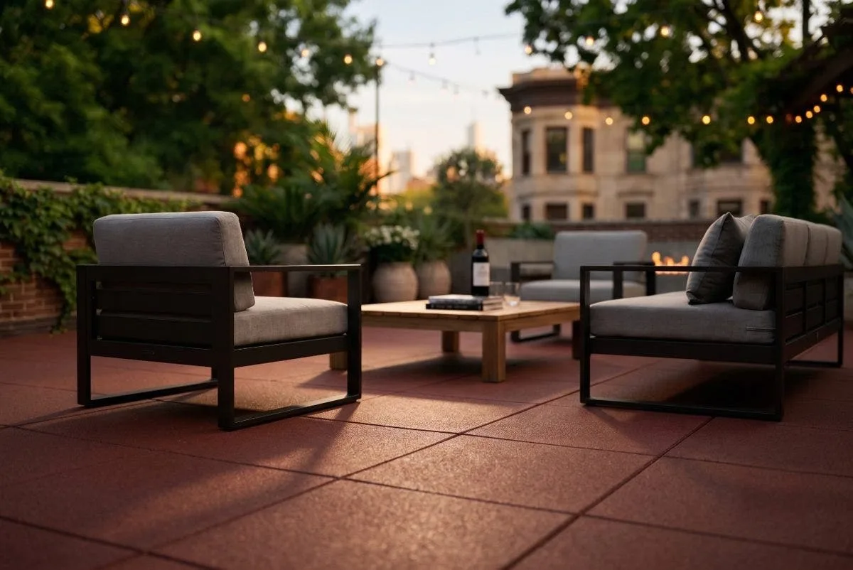 Finished rubber paver rooftop patio with lounge seating and string lights in the evening