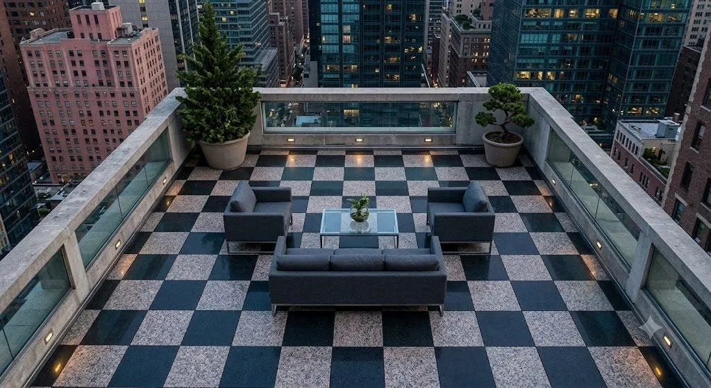 Corporate rooftop patio surfaced with checkerboard rubber patio pavers and lounge seating, city skyline behind