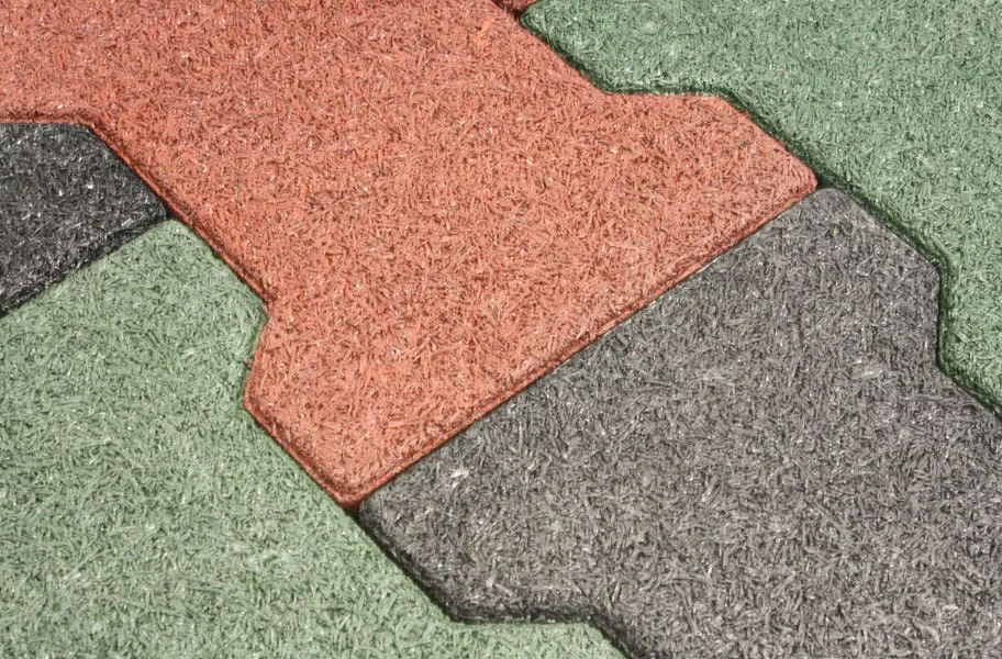 Close-up of red, green and gray interlocking flagstone rubber pavers