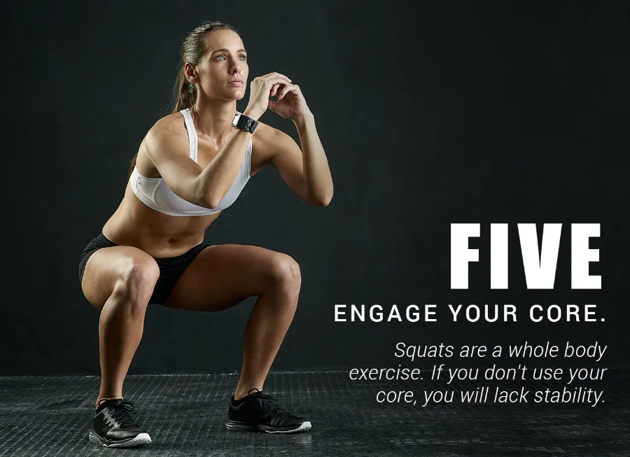 Five: engage your core - woman doing a bodyweight squat