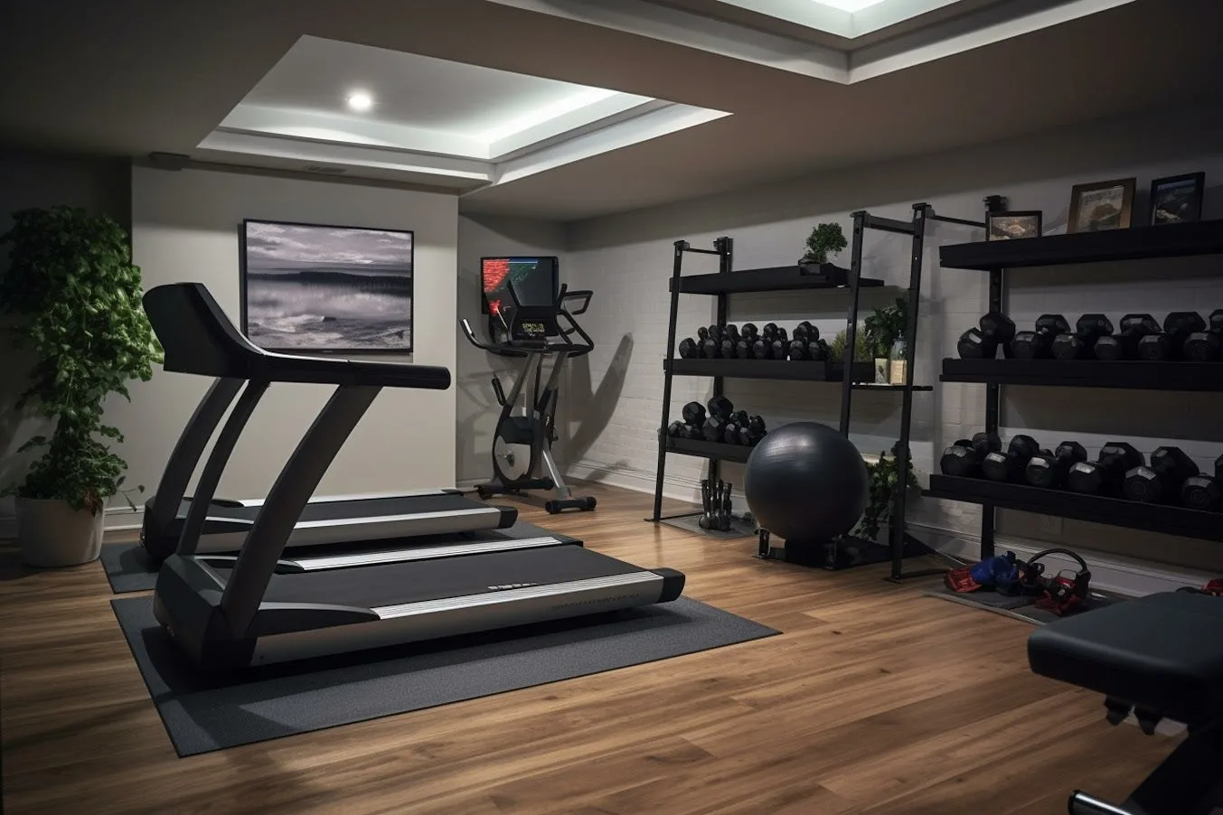 Home gym with treadmills and dumbbell racks on wood-look vinyl plank flooring