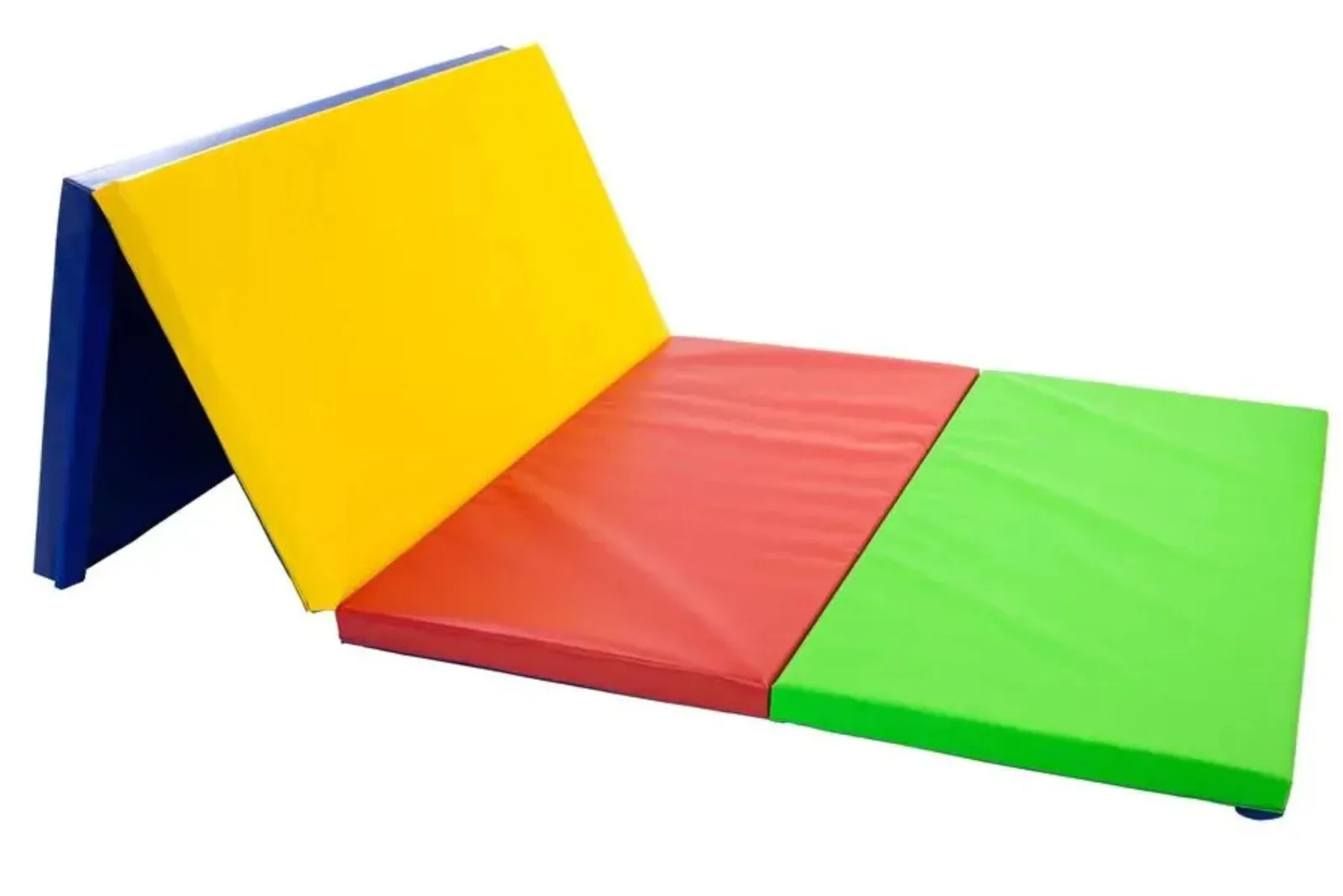 Folding panel mat in vibrant primary colors (blue, yellow, red, and green) demonstrates a portable and cushioned tumbling and gymnastics mat solution for kids' practice.