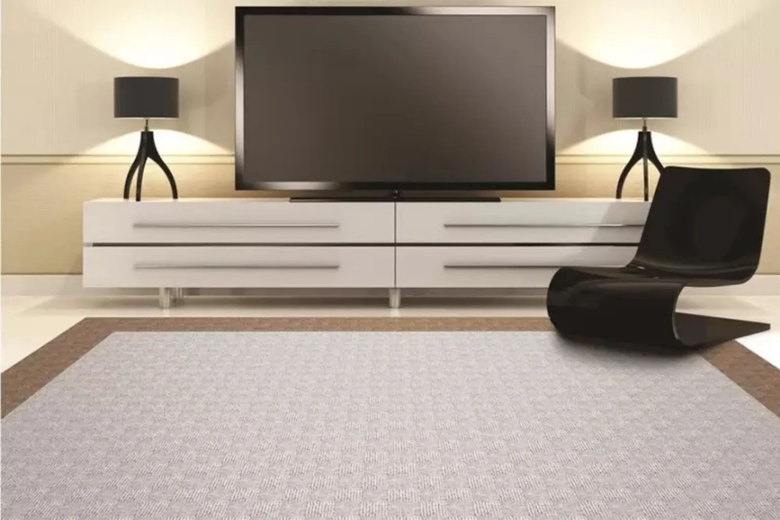 Modern living room with stylish gray-brown textured area rug, perfect for residential spaces.
