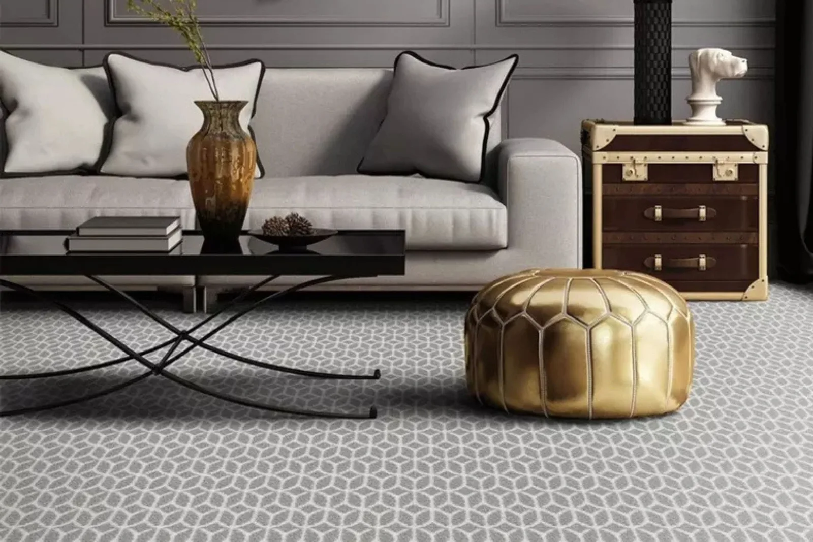 Elegant living room with a modern, light gray patterned carpet, a luxurious and durable flooring option.