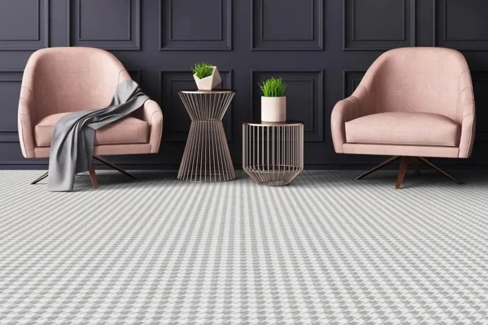 Stylish sitting area with a modern gray houndstooth patterned carpet, a bold and trendy residential flooring option.