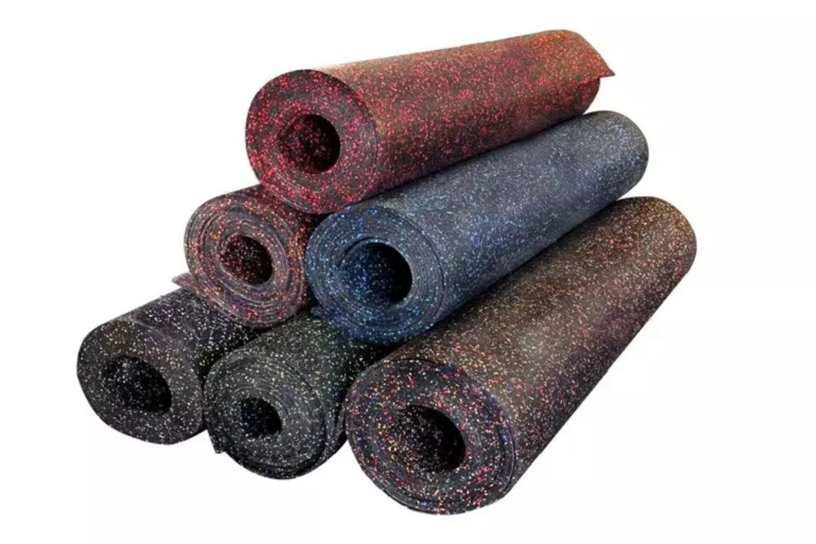 A stack of six rolls of durable speckled rubber gym flooring in various colors, a high-quality and protective solution for athletic spaces.