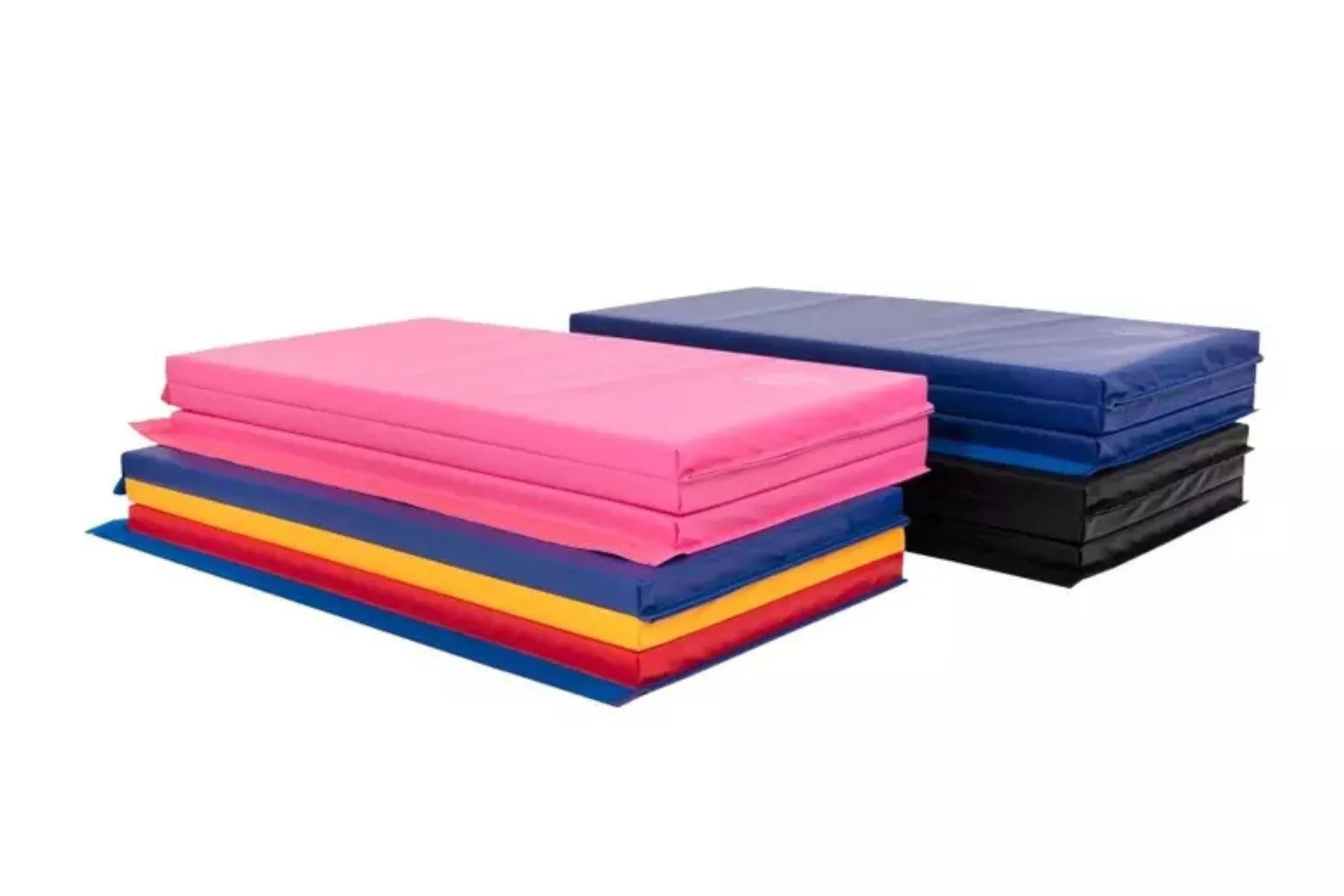 Folding foam panel mats in a stack of bright, vibrant colors, showing their portability and cushioning for cheerleading and tumbling practice.