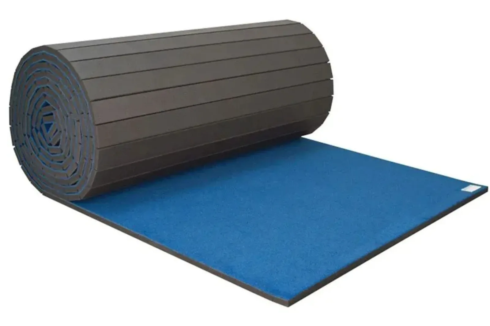 Roll-out cheer mat or carpet-topped flexible foam mat in blue and gray, demonstrating a portable, cushioned surface for gymnastics, cheerleading, and tumbling practice.