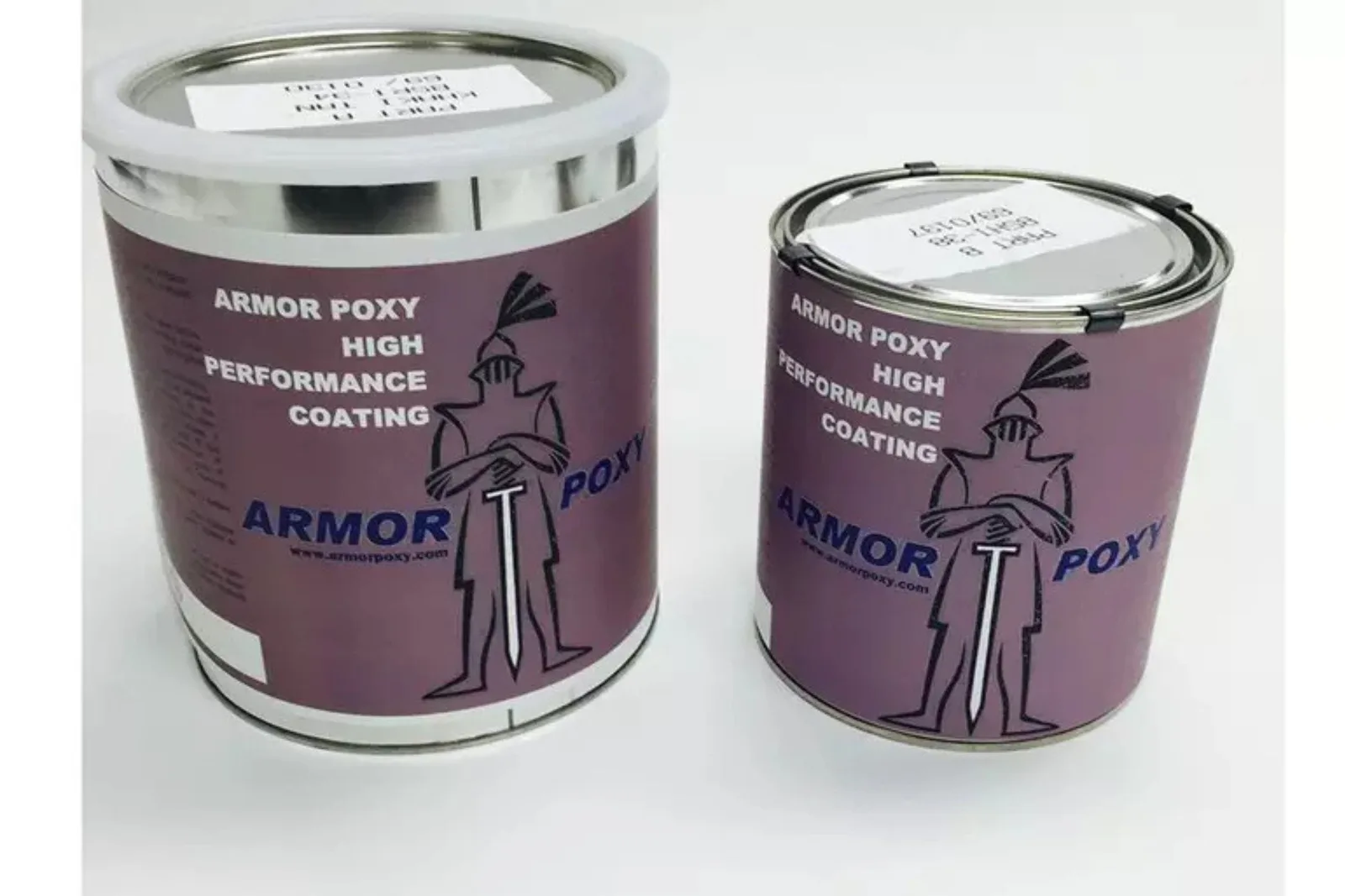 Two cans of Armor Poxy High Performance Coating&mdash;one large and one small&mdash;are shown, featuring a knight logo and product information. This image represents the durable epoxy resin floor coating used for garages and industrial spaces.