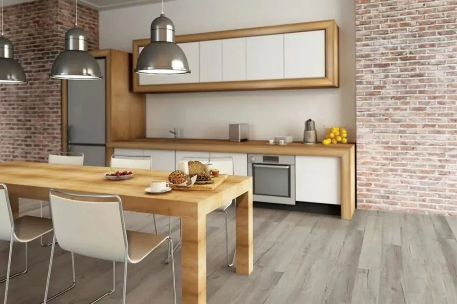 Modern kitchen with durable light gray wood-look vinyl plank flooring and exposed brick, a stylish and water-resistant alternative to hardwood.