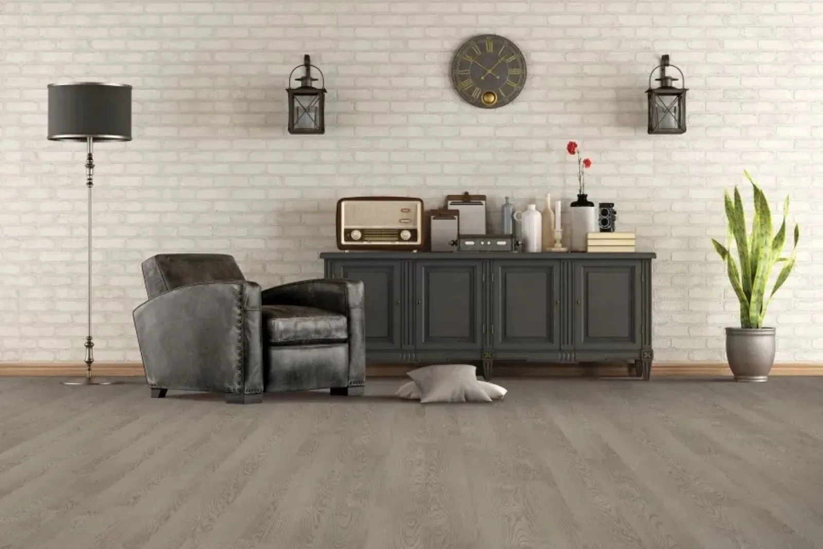Vintage-style living room with durable gray wood-look vinyl plank flooring, a low-maintenance and water-resistant alternative to hardwood.