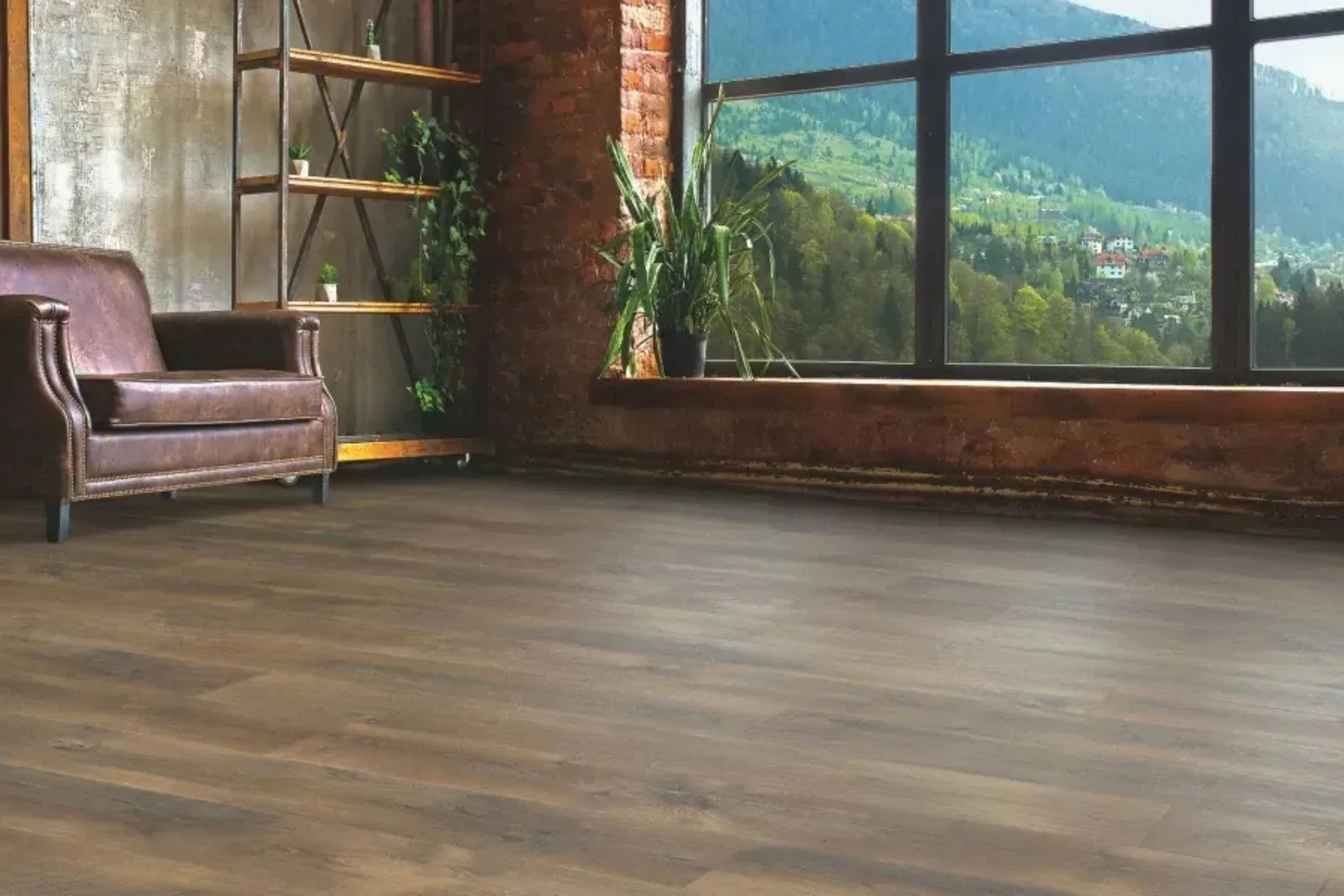 Modern industrial living room with durable medium wood-look vinyl plank flooring, a water-resistant and easy-to-clean alternative to hardwood.