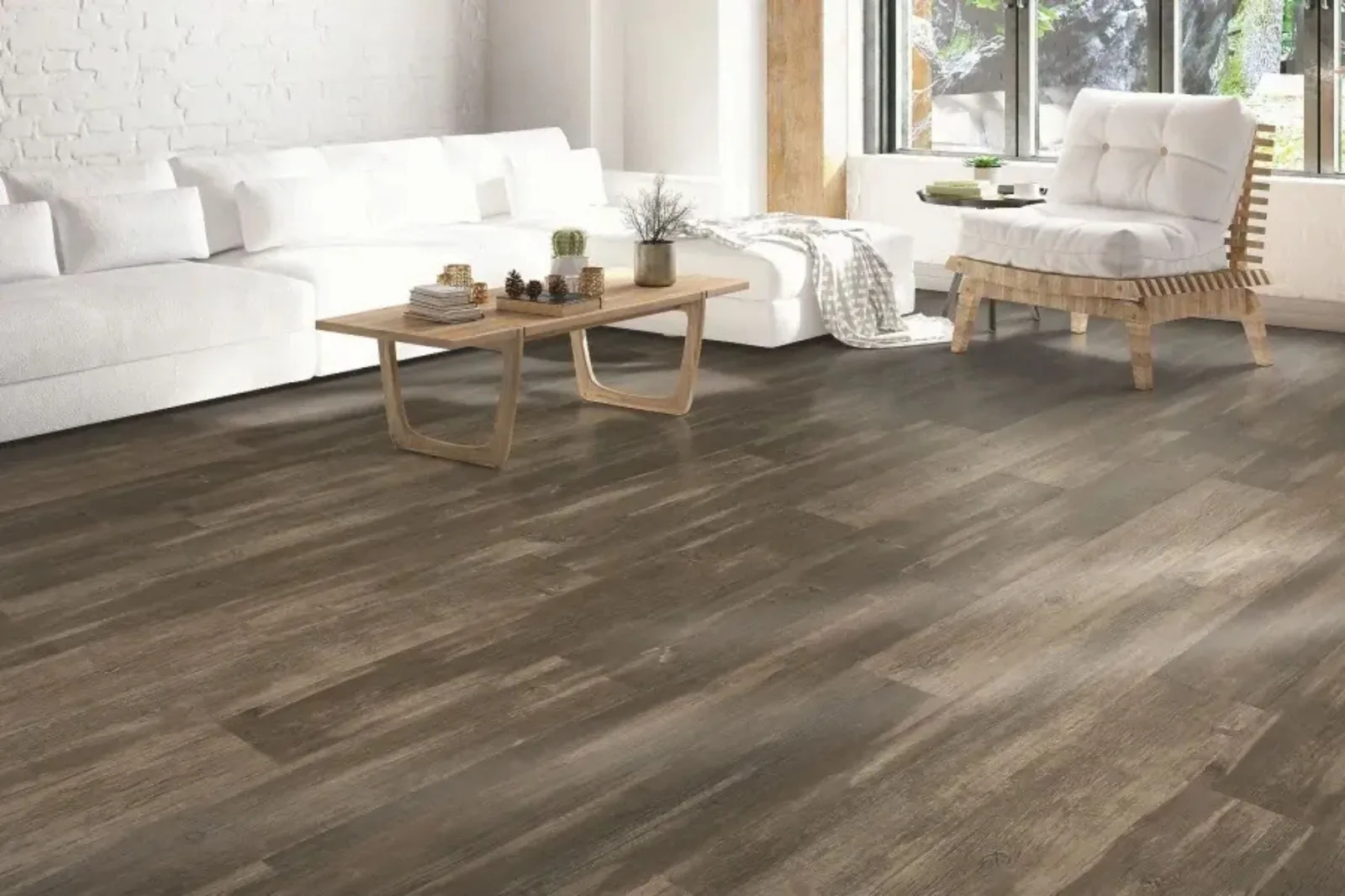 Modern living room with durable medium wood-look vinyl plank flooring, a water-resistant and easy-to-clean alternative to hardwood.