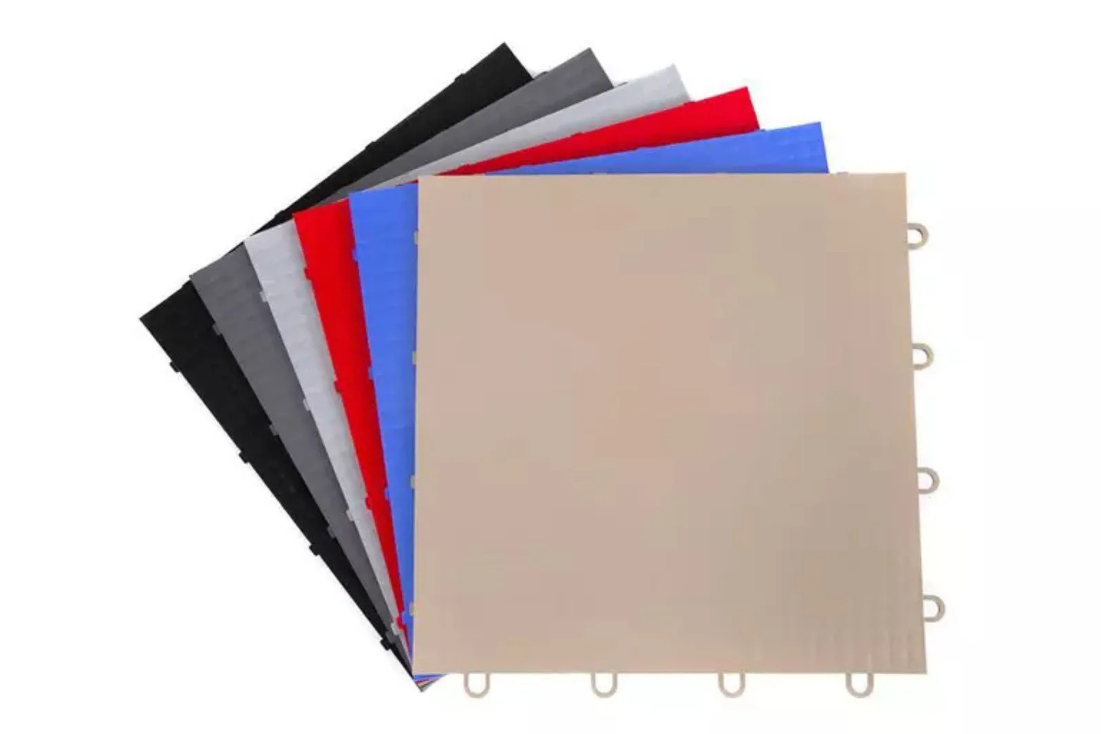 Black, gray, red, blue, and tan flat top dance tiles.