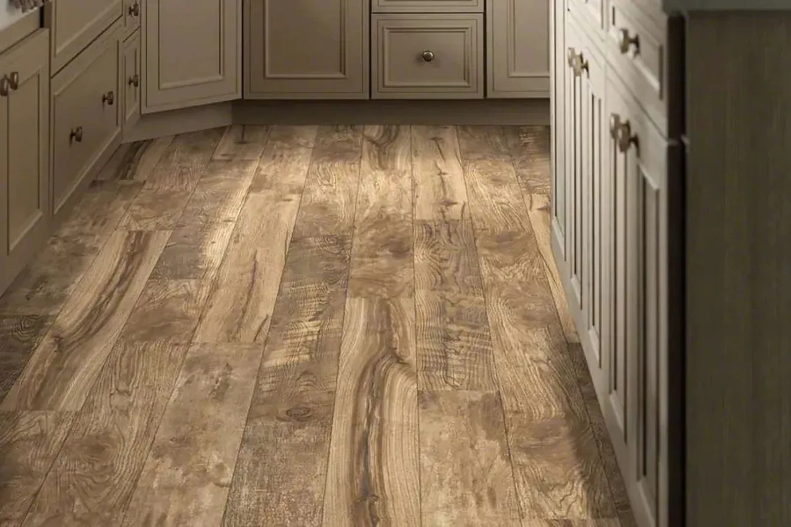 Kitchen with durable medium wood-look vinyl plank flooring, a stylish and water-resistant alternative for a high-traffic area.